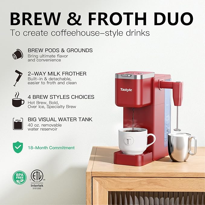 Single Serve Coffee Maker with Built-in Detachable Milk Frother, Iced and Hot Coffee Machine for K Cup & Grounds, 40oz Removable Water Reservoir, 6 Cup Sizes, Fits 7.3" Travel Mug, Red