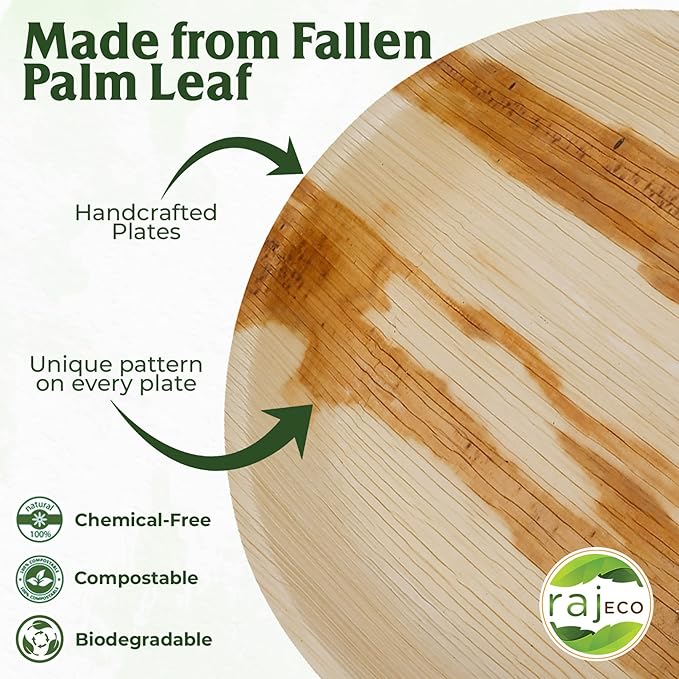 Raj Palm Leaf Plates [50-Pack] 10" Round Plates like Bamboo plates Disposable, Strong, Decorative Compostable Tableware for wedding, Lunch, Dinner, Birthday, Camping, Outdoor BBQ, Picnic…