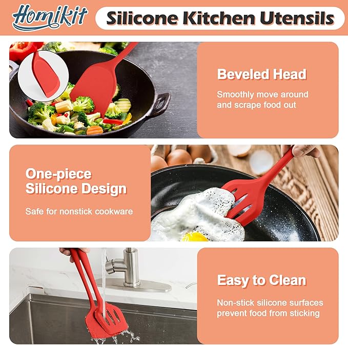 Kitchen Cooking Utensils Set with Holder, Homikit 15-Piece Silicone Spatula Set for Nonstick Cookware, 446°F Heat Resistant Spoon Turner Tong Whisk Brush for Cooking and Baking-Red