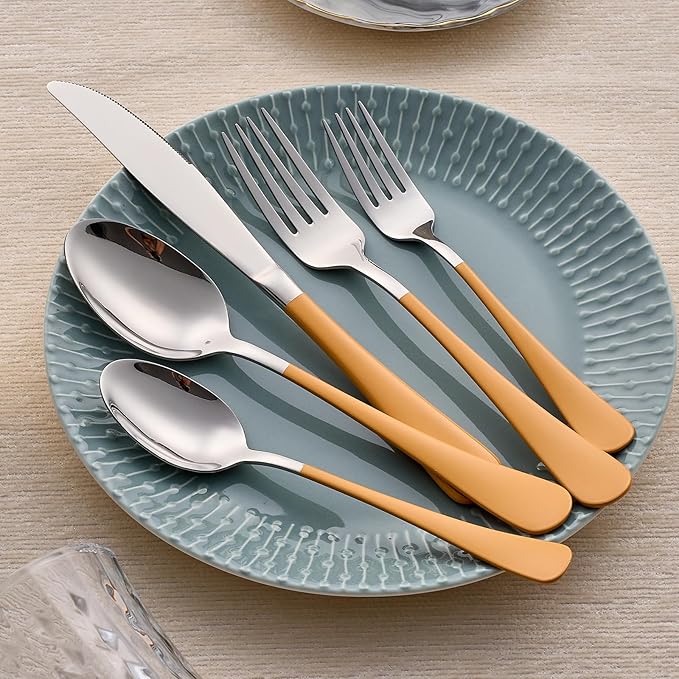 20-Piece Orange Silverware Set 18/0 Stainless Steel Silverware Set Orange Handle Cutlery Set Service for 4 Dinner Knives Forks Spoons Set Flatware Set Finish Dishwasher Safe