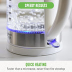 GreenLife 1.7 Liter Glass Electric Kettle, Easy One Touch Use, Quick Heating, Filtered Spout, LED Base, Auto Shut-Off, Cordless Serving, Coffee and Tea, White