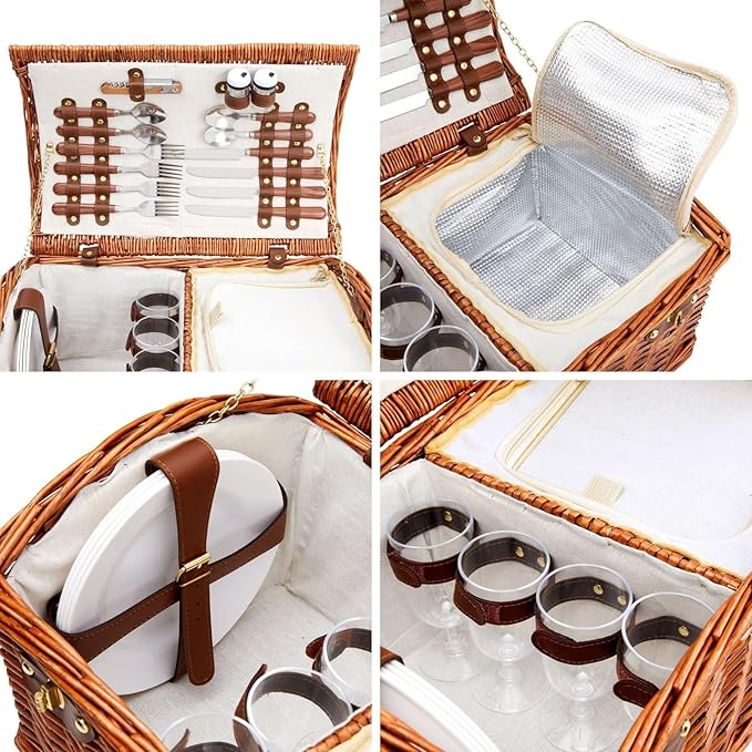 Juvale Picnic Basket for 4 People - 18.1 x 12.2 x 10.2 Inches, Brown, Classic - Complete Wicker Picnic Basket Set with Cooler Bag, Dishes, Utensils & Glasses