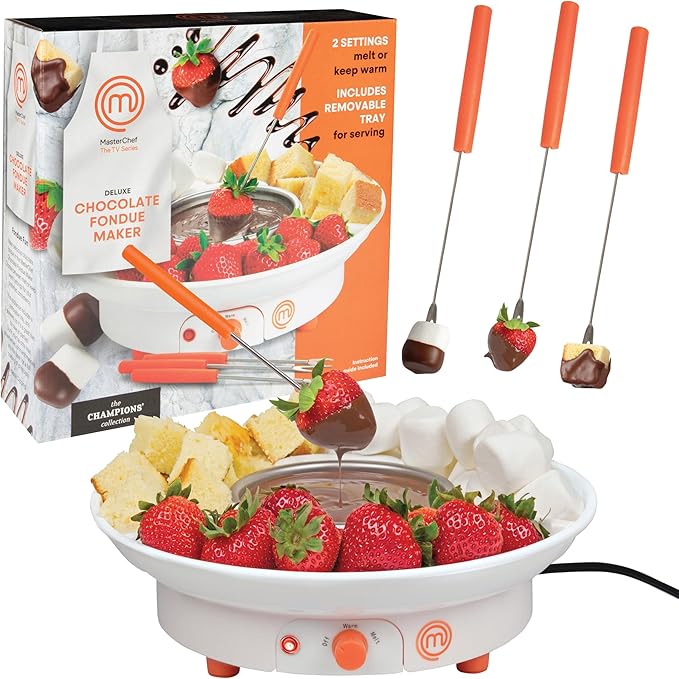 MasterChef Chocolate Fondue Maker- Xmas Party Must Have- Electric Dessert Fondue Pot Set w 4 Forks & Party Serving Tray- Melt, Warm Settings for Caramel, Cheese- Holiday Charcuterie Appetizers or Gift