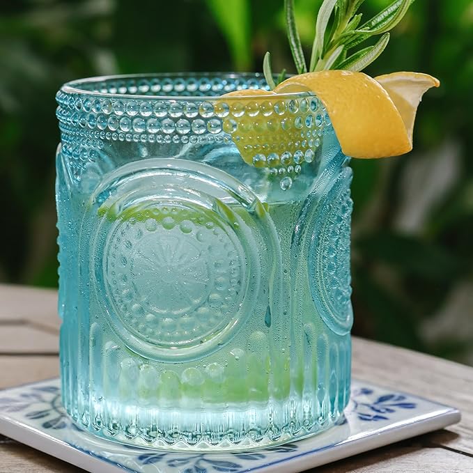 Kate Aspen Ribbed Retro Arch Floral Aqua Blue Drinking Glasses Set of 6, (10 oz) Vintage Glassware Set Cocktail Glass Set, Juice Glass, Water Cups | Great Hostess Gift & Gift for New Home Owners