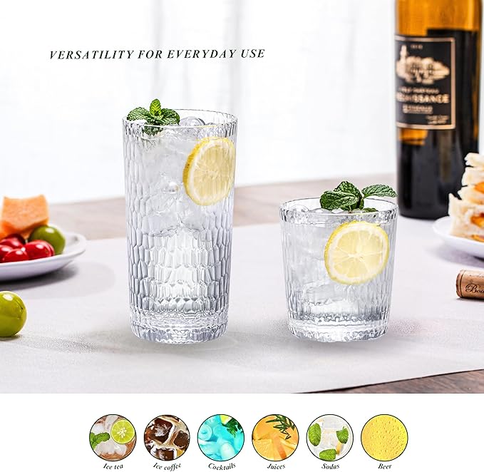 15oz Clear Acrylic Glasses Drinkware (Set of 8), Honeycomb Stackable Shatter-Proof Plastic Tumblers, Reusable Plastic Drinking Glasses, BPA-Free, Dishwasher-Safe