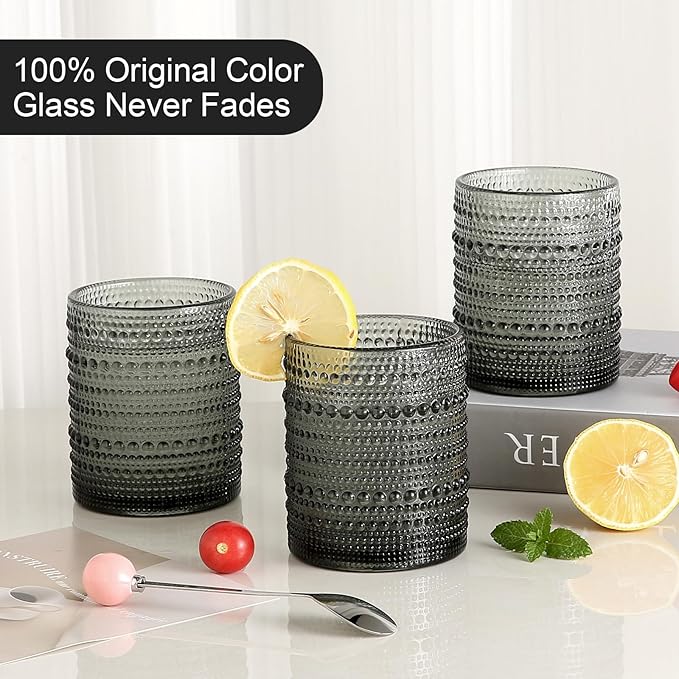 Vintage Glassware Drinking Glasses Set of 6,12 oz Hobnail Glass Cups,Embossed Grey Water Tumbler,for Beer,Cocktail,Whiskey,Juice and Various Mixed Drinks- 1 Cleaning Brush