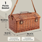 Juvale Picnic Basket for 4 People - 18.1 x 12.2 x 10.2 Inches, Brown, Classic - Complete Wicker Picnic Basket Set with Cooler Bag, Dishes, Utensils & Glasses