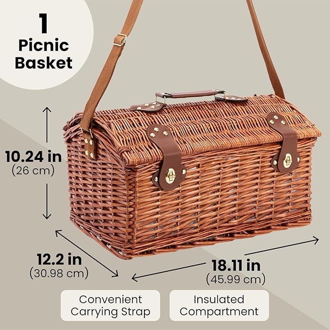 Juvale Picnic Basket for 4 People - 18.1 x 12.2 x 10.2 Inches, Brown, Classic - Complete Wicker Picnic Basket Set with Cooler Bag, Dishes, Utensils & Glasses