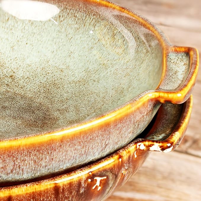 Round Casserole Dish Set of 2, 30 oz Ceramic Au gratin Baking Dish, Baking Pan with Handles or for mixing, salad, pasta bowl, Best gift for those who love baking, Microwave, Oven safe