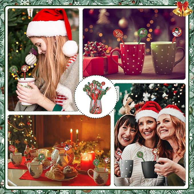 Meanplan 60pcs Christmas Swizzle Sticks Christmas Cocktail Stirrers Plastic Stir Sticks Xmas Santa Claus Snowman Decorations for Birthday Party Coffee Shop Supplies Favors Gifts (Santa Claus)