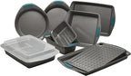 Rachael Ray Nonstick Bakeware Set with Grips includes Nonstick Bread / Baking Pans, Cookie / Baking Sheet and Cake Pans - 10 Piece, Gray with marine blue grips