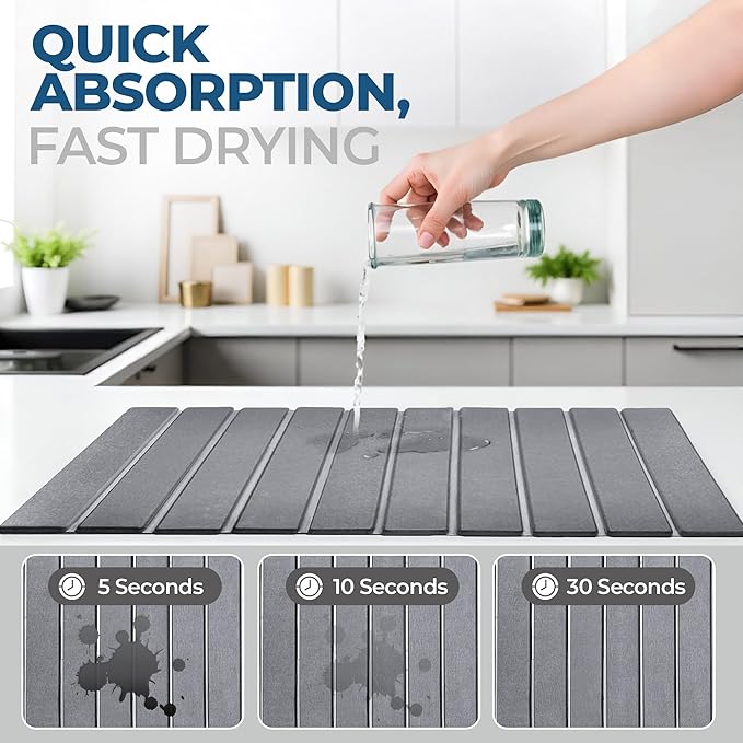 Premium Stone Dish Drying Mat – Large Foldable Kitchen Counter Mat, Super Absorbent Diatomaceous Earth with Coasters, Brush & Anti-Slip Pad – Fast Drying, Dark Gray