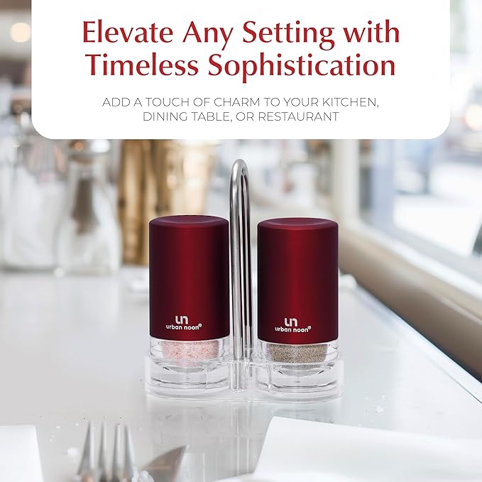 Signature Red Burgundy Salt and Pepper Shakers with Holder - Elegant Stainless Steel Salt Shaker and Pepper Shaker Set with Acrylic Holder for Kitchen Counter or Restaurant Table (2-Piece Set)