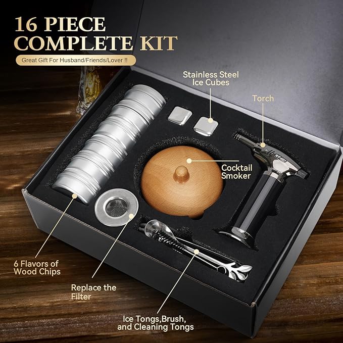 G GOOD GAIN Whiskey Smoker Kit with Torch - Old Fashioned Cocktail Smoker Infuser Kit, 6 Flavors Wood Chips, 4 Ice Stone | Birthday Bourbon Whiskey Gifts for Men, Dad, Husband (No Butane)
