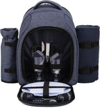 Apollo Walker Picnic Backpack Bag for 2 Person with Cooler Compartment, Detachable Bottle/Wine Holder, Fleece Blanket, Plates and Cutlery Set (2 Person, Navy)