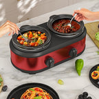 Double Slow Cooker, 2 x 1.25 QT Portable Small Dual Crock Cooker, Buffet Servers and Warmers Dishwasher Safe, Removable Ceramic Pot Glass Lid, Stainless Steel Red