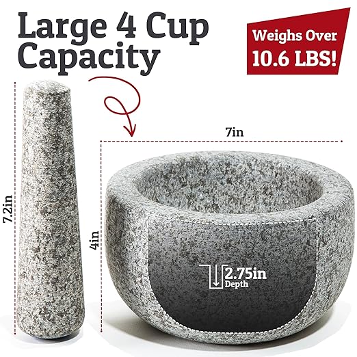 Priority Chef Heavy Duty Extra Large Mortar and Pestle Set, 4 Cup, Hand Carved from Natural Granite, Make Fresh Guacamole, Salsa, Pesto, Stone Grinder Bowl, Herb Crusher, Spice Grinder, Grey