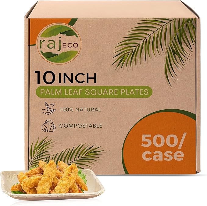 Raj Palm Leaf Plates Bulk [50-Pack] 10" Square Plates (10 CASES - 500 PACK) like Bamboo plates Disposable, Strong, Decorative Compostable Tableware for weddings, Lunch, Dinner, Birthday etc