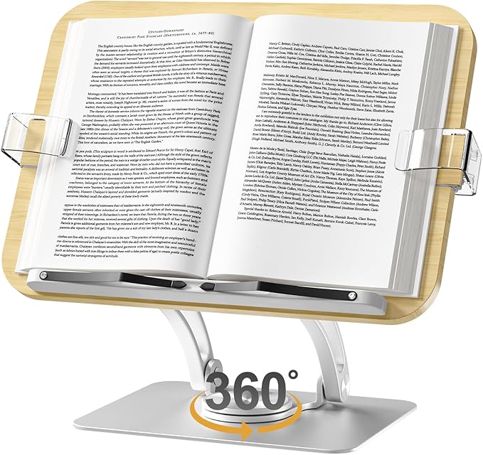 Book Stand for Reading,KVRG Adjustable Book Holder with 360° Rotating Metal Base,Foldable Cookbook Stand, Reading Hands Free with ABS Expandable Page Clips for Recipe,Textbook,Laptop-Oak
