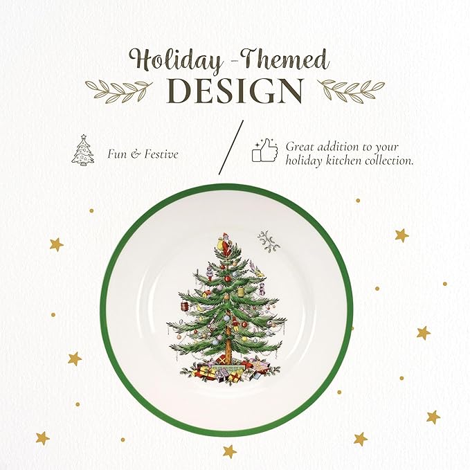 Spode Christmas Tree 10.5" Dinner Plate - Festive Holiday Stoneware Plate with Christmas Tree Design, Green Bordered Edges, Microwave, Dishwasher, Freezer, Oven Safe - Collectible Holiday Tableware