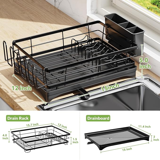 Dish Drainer, Anti-Rust Dish Rack for Kitchen Counter, Large-Capacity Dish Drying Rack with Cutlery & Cup Holder, 12" D x 15" L, Stainless Steel, Black