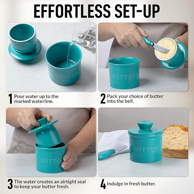 Zulay Kitchen Porcelain Butter Crock With Lid & Knife - Authentic French Butter Dish For Fresh & Spreadable Butter - Turqoise