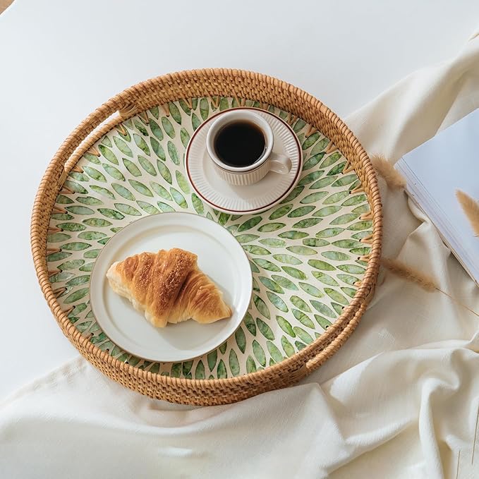 13.8 in Round Rattan Serving Tray with Handle, Mother of Pearl Inlay Wooden Base, Decorative Wicker for Table, Kitchen Island & Home Decor (Green Leaf)
