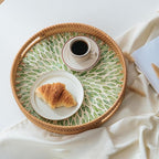 13.8 in Round Rattan Serving Tray with Handle, Mother of Pearl Inlay Wooden Base, Decorative Wicker for Table, Kitchen Island & Home Decor (Green Leaf)
