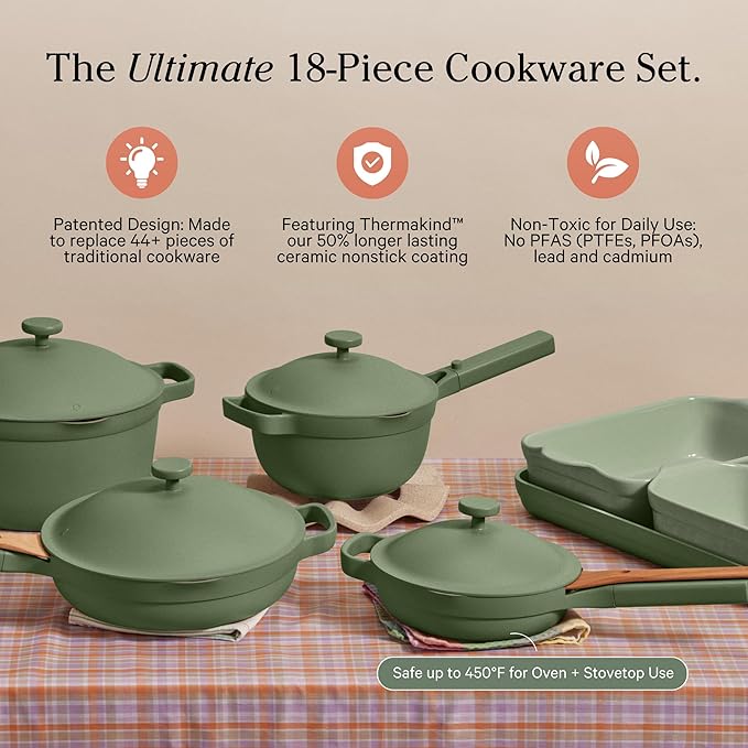 Our Place Ultimate Cookware Set - Complete 18-Piece Set Including the Always Pan, Perfect Pot, and Bakeware Set | Multifunctional, Toxin-Free Nonstick | Replaces 44 Pieces | Sage