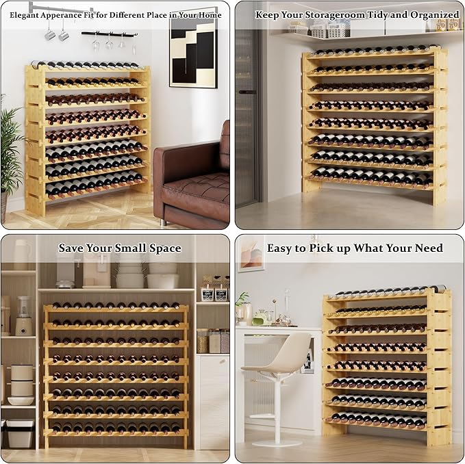 Bambloom Wine Rack Freestanding Floor, Stackable Wine Bottle Storage, Wooden Free Standing Wine Stand Organizer for Kitchen,Cellar. 36 Bottles Wine Holder Display Shelves for Champagne (Bamboo)
