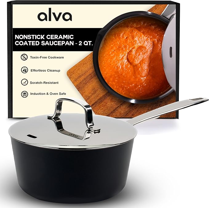 Alva Maestro 2QT Ceramic Nonstick Saucepan with Lid – Non-Toxic Easy to Clean Pot, Oven Safe, and Induction Ready – Belgian-Designed for Effortless, Healthy Everyday Cooking