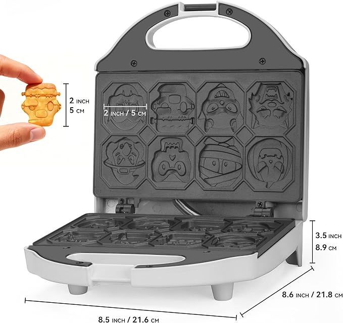 Character Waffle Maker for Halloween, 8 Different Spooky Designs, Electric Waffler Iron Featuring a Pumpkin Wolf Face Mummy Ghost Witch Vampire & More, Halloween Kitchen Decor, White
