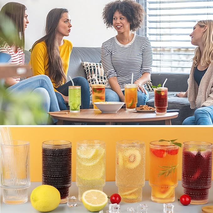 Glass Cups Set with Straw/Bamboo Lid,12 oz Stackable Serving Drinking Glasses, Ideal for Whiskey/Cocktails/Juice/Coffee/Beer, Dishwasher Safe,3 Patterns of Vintage Glassware Sets.(6 Pcs)