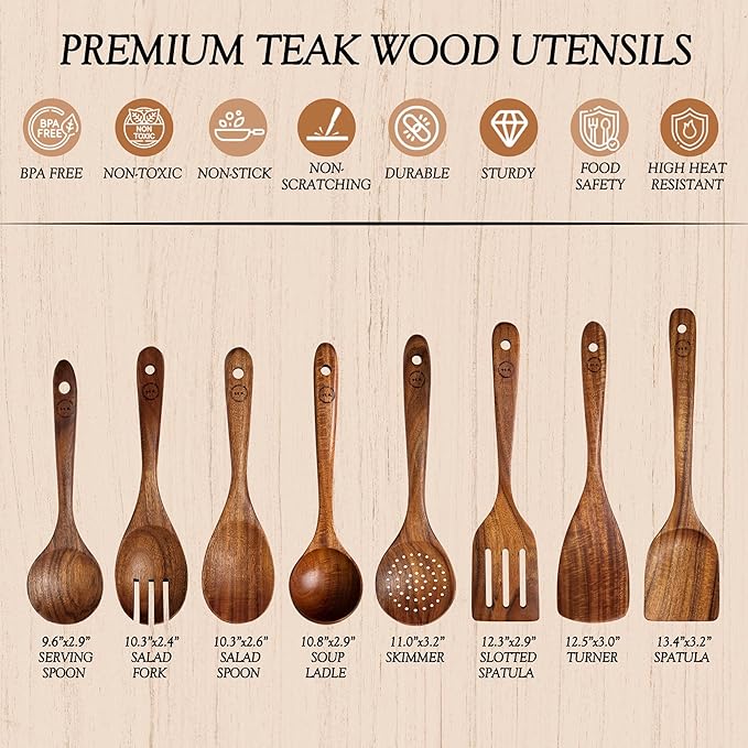 Wooden Spoons for Cooking – 8-Piece Teak Wood Cookware Utensil Set with Smooth Finish – Non-Stick, Comfortable Grip – Durable, Heat Resistant Kitchen Utensils