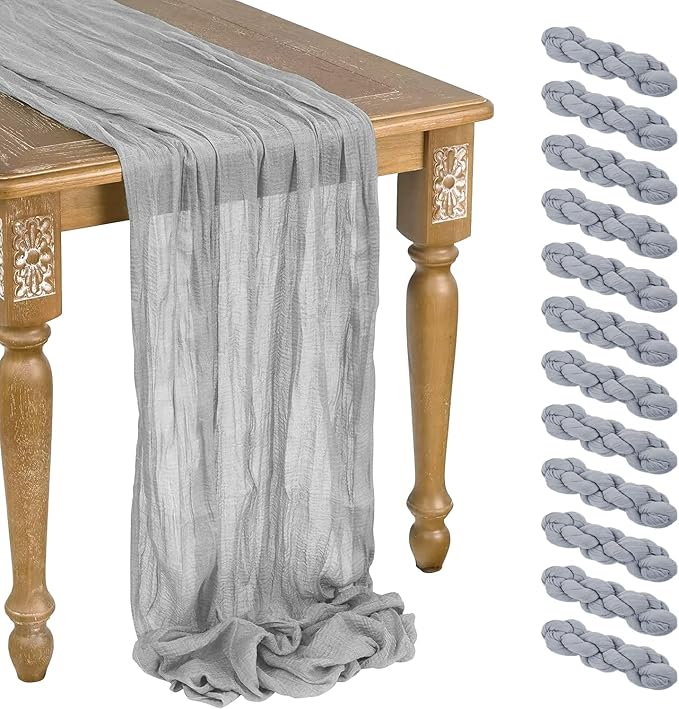 12 Pack Gery Cheesecloth Table Runner 10ft Boho Gauze Cheese Cloth Table Runner Rustic Sheer Runner 120 inch Long for Christmas Wedding Table Decorations
