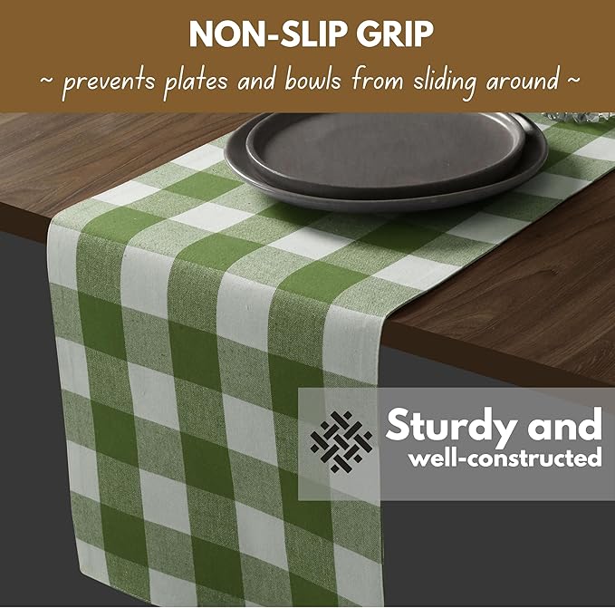 Native Fab Table Runner Buffalo Check Plaid 100% Cotton - 13x72 Inches Kitchen Dining Table Decoration for Indoor Outdoor Farmhouse Home Party Decor - Mint Green and White