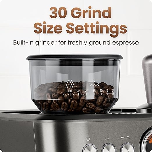 Chefman Crema Deluxe Espresso Machine with Double Boiler, Use Milk Frother and Brew Espresso Simultaneously, Professional Coffee Maker with Coffee Grinder and Steam Wand, 30 Grind Settings