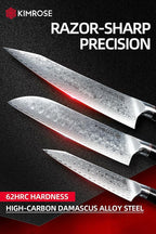KIMROSE Damascus Knife Set - 3PCS - High-Carbon 10Cr15CoMoV Alloy Steel - Professional Chef Knife - G10 Handle - Razor Sharp Kitchen Knives - Magnetic Sheath - Gift Box