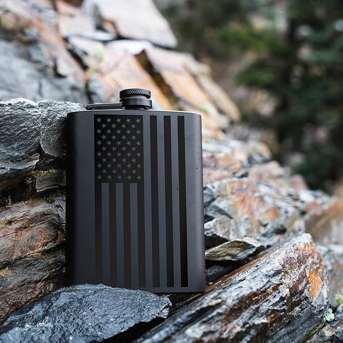American Flag Liquor Flask - Perfect Holiday Gift for Men, Women, Fathers, or Hard to Shop for People - 304 Stainless Steel Hip Flask (Matte Black, Bonus Funnel, 8 Ounces)