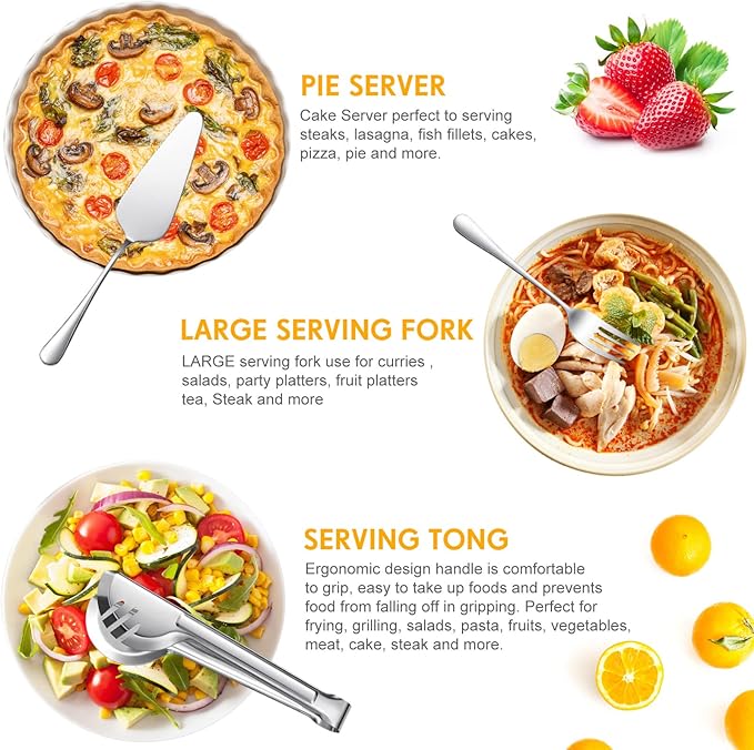 Patelai Serving Utensils Set Include Stainless Steel Large Spoons Slotted Spoons Forks Tongs Soup Ladle and Pie Server for Parties Buffet Catering, Dishwasher Safe(Silver,21 Pieces)