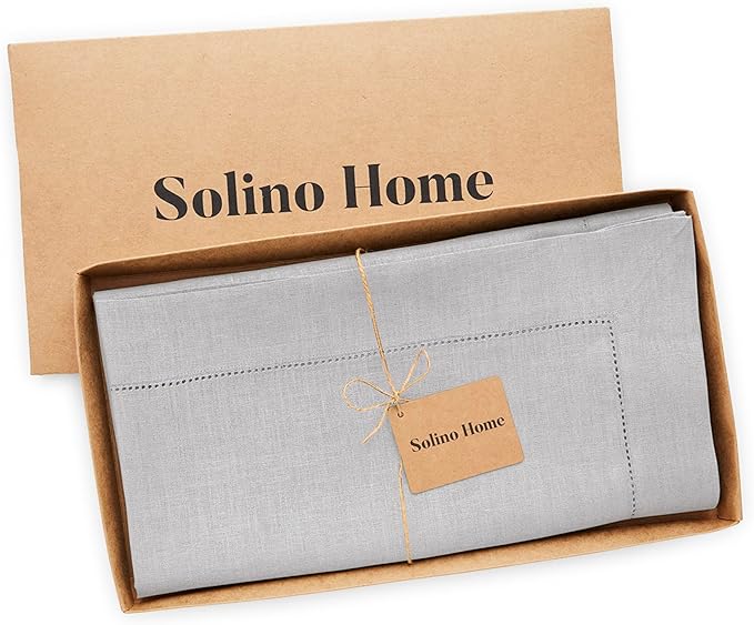 Solino Home Soft Grey Linen Tablecloth 52 x 52 Inch - 100% Pure Linen Square Table Throw - Classic Hemstitch, Machine Washable Table Cloth for Summer, Fall, Autumn