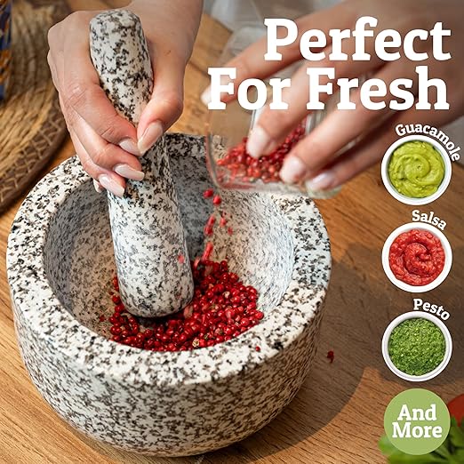 PriorityChef Heavy Duty Natural Granite Mortar and Pestle Set, 4 Cup Carved from Natural Granite, Make Fresh Guacamole, Stone Grinder Bowl, Herb Crusher, Spice Grinder, White