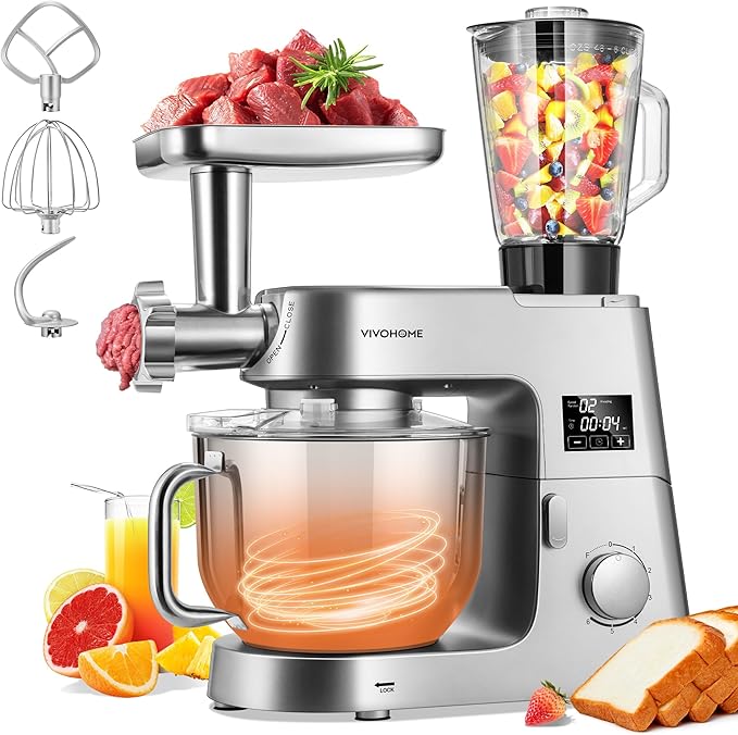 VIVOHOME 9 in 1 Multifunctional Stand Mixer with Fermentation, 6 Speed 7.5 Quart Kitchen Electric Food Mixer with Timer, Meat Grinder, Juice Blender, Vegetable Slicer, Pasta and Cookie Maker, Silver