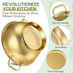 Bokon 3 Pcs Stainless Steel Colander Set Colander Bowl and Sieves 1/3/5 Quart Metal Mesh Strainer Net Basket with Handles Food Spaghetti Strainer for Kitchen Draining Pasta Rinsing(Gold)