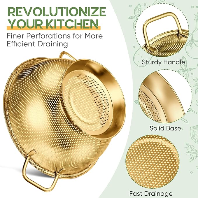 Bokon 3 Pcs Stainless Steel Colander Set Colander Bowl and Sieves 1/3/5 Quart Metal Mesh Strainer Net Basket with Handles Food Spaghetti Strainer for Kitchen Draining Pasta Rinsing(Gold)