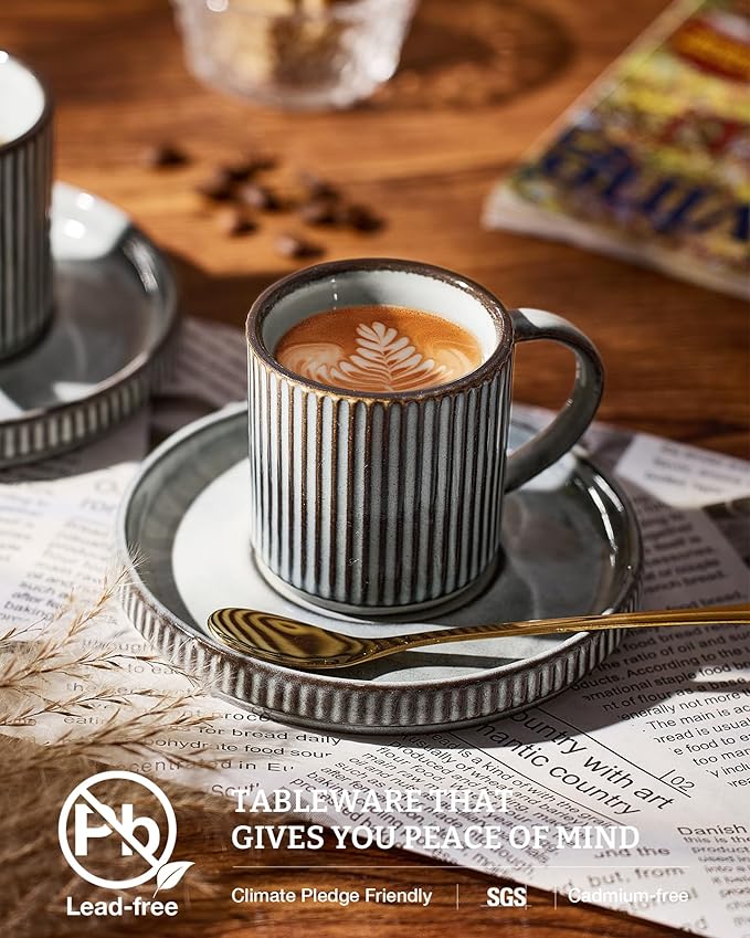 famiware Star Espresso Cups and Saucers Set of 4, [ Mini ] 3 oz Ceramic Small Coffee Mug with Handle, Ribbed Stoneware Demitasse Cup for Tea, Latte - Microwave & Dishwasher Safe - Smoky Blue