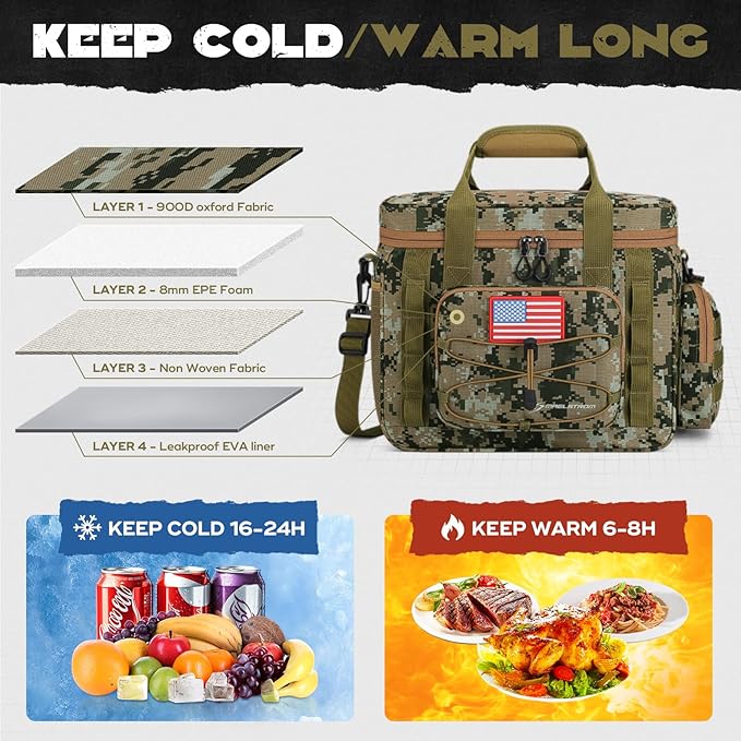 Maelstrom Large Tactical Lunch Box for Men,Insulated Lunch Bag, Leakproof Soft Cooler Bags with Detachable MOLLE Bag,Durable Lunch Tote for Adult Women Work,Picnic,30 Cans/20 L, Camouflage