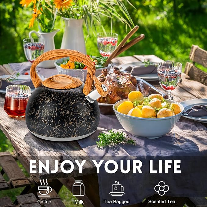 GGC Tea Kettle for Stove Top, Loud Whistling Kettle for Boiling Water Coffee or Milk, 3.1 Quart Stainless Steel Art Line Black Kettle with Wood Pattern Handle, Unique Button Control Kettle Outlet