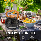 GGC Tea Kettle for Stove Top, Loud Whistling Kettle for Boiling Water Coffee or Milk, 3.1 Quart Stainless Steel Art Line Black Kettle with Wood Pattern Handle, Unique Button Control Kettle Outlet