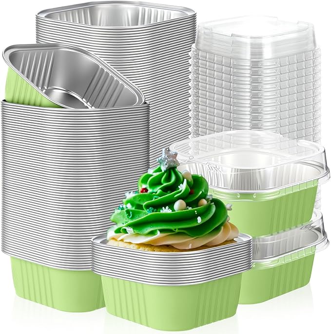 Aoriher 150 Pieces 10 oz Mini Cake Pans with Lids Aluminum Foil Baking Cups Square Disposable 4 x 4 Large Cupcake Cups Baking Tins for Kitchen Brownie Pudding Desserts Holders(Light Green)